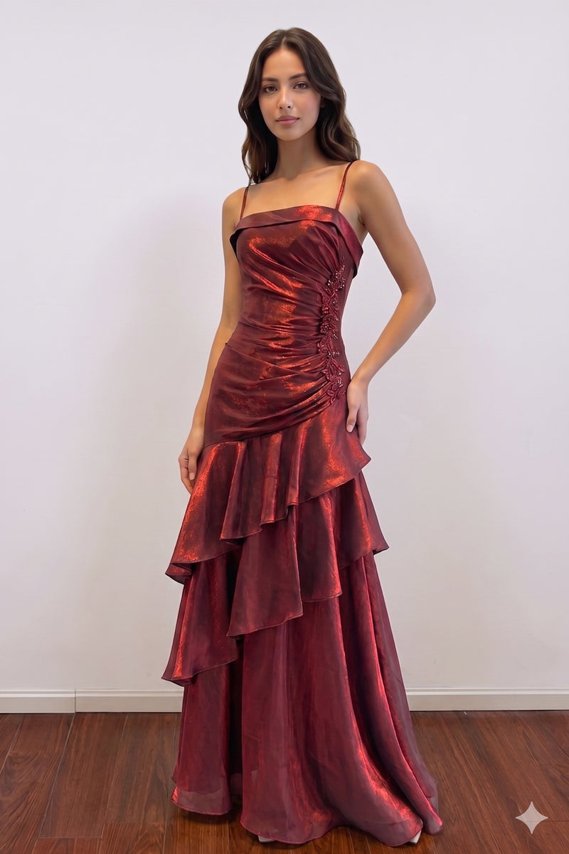 Off Shoulder Pleated Layered Burgundy Prom Dress Party Dress-Pgmdress