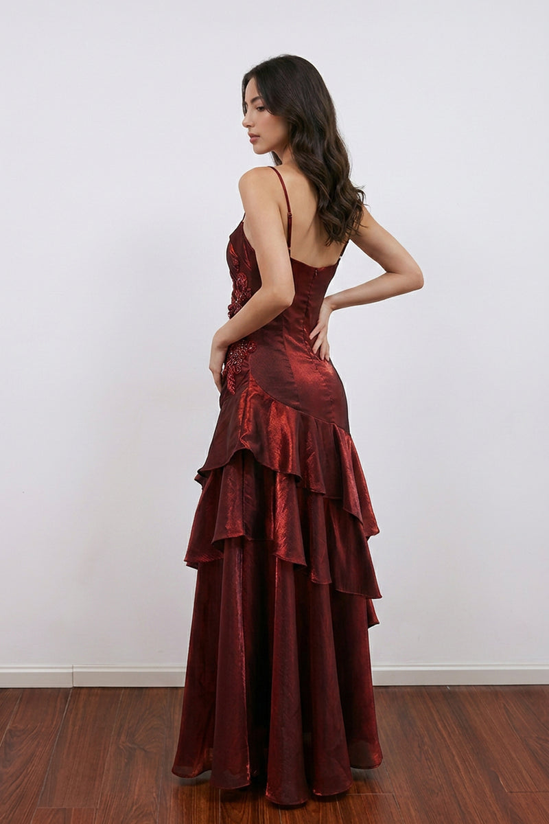Off Shoulder Pleated Layered Burgundy Prom Dress Party Dress-Pgmdress