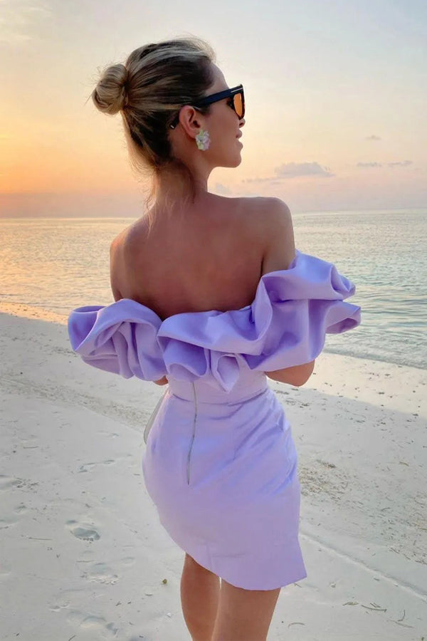 Off Shoulder Sleeveless Satin Homecoming Dress With Ruffles PD540 US8 / White Off Shoulder Sleeveless Satin Homecoming Dress With Ruffles PD540 US8 / White