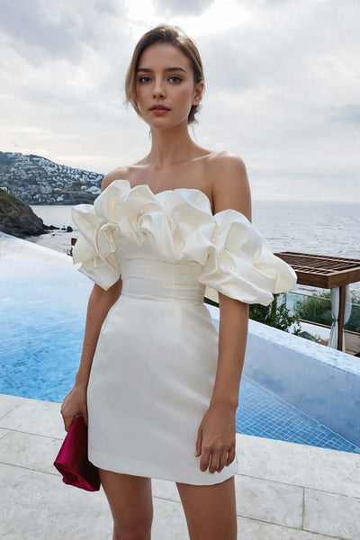 white off the shoulder hoco dress Off Shoulder Sleeveless Satin Homecoming Dress With Ruffles PD540 US8 / White