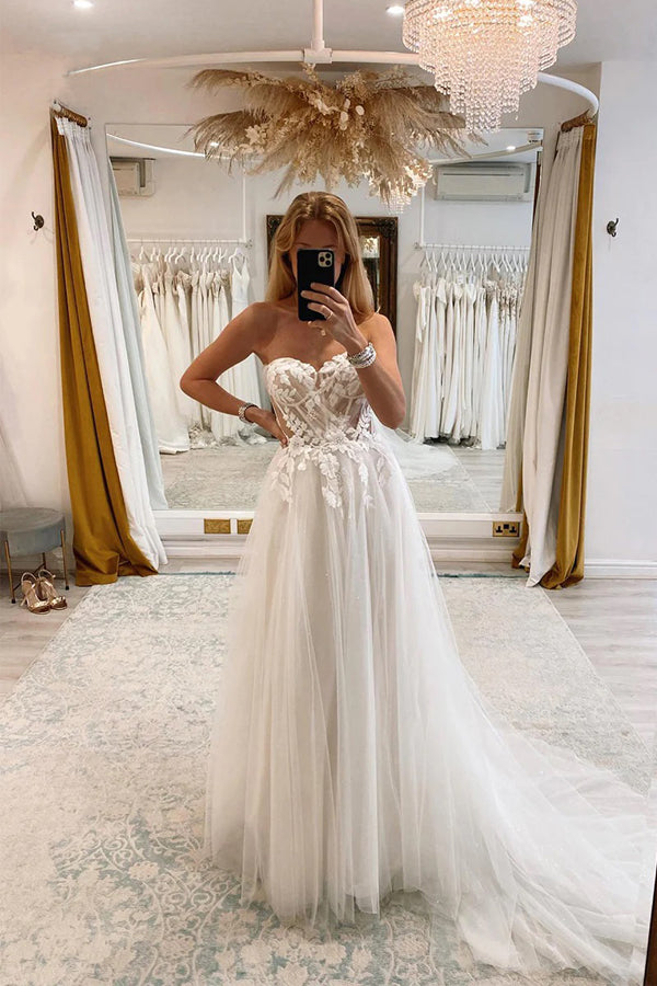 Off Shoulder Sweetheart Lace Appliques Modest Wedding Dress WD666-Pgmdress
