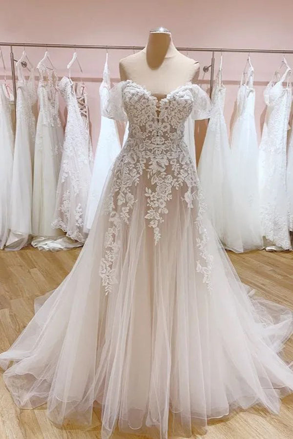 Off The Shoulder Lace Wedding Dress Elegant Bridal Gowns WD781-Pgmdress