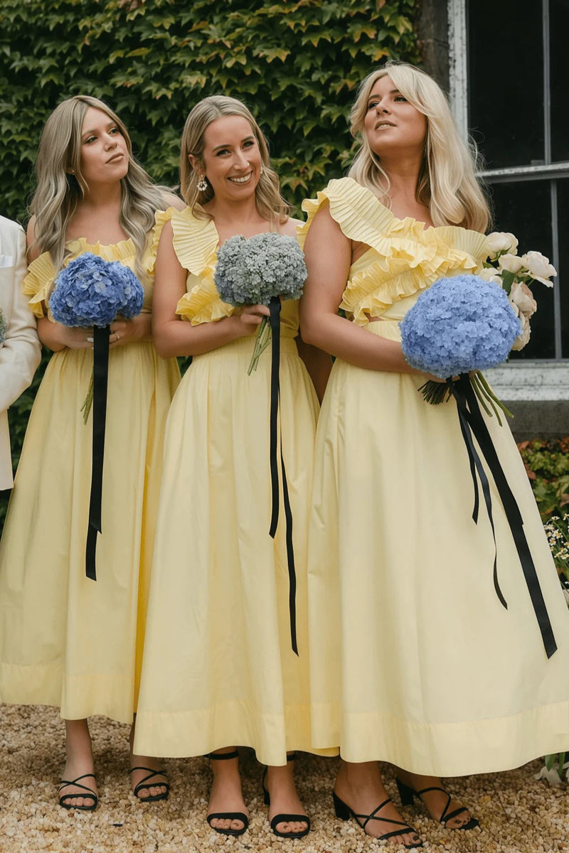 Off The Shoulder Ruffles Satin Yellow Long Bridesmaid Dress