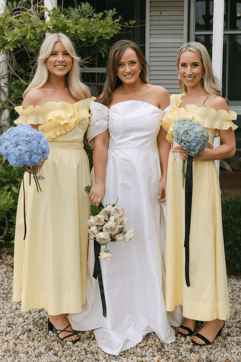 Off The Shoulder Ruffles Satin Yellow Long Bridesmaid Dress