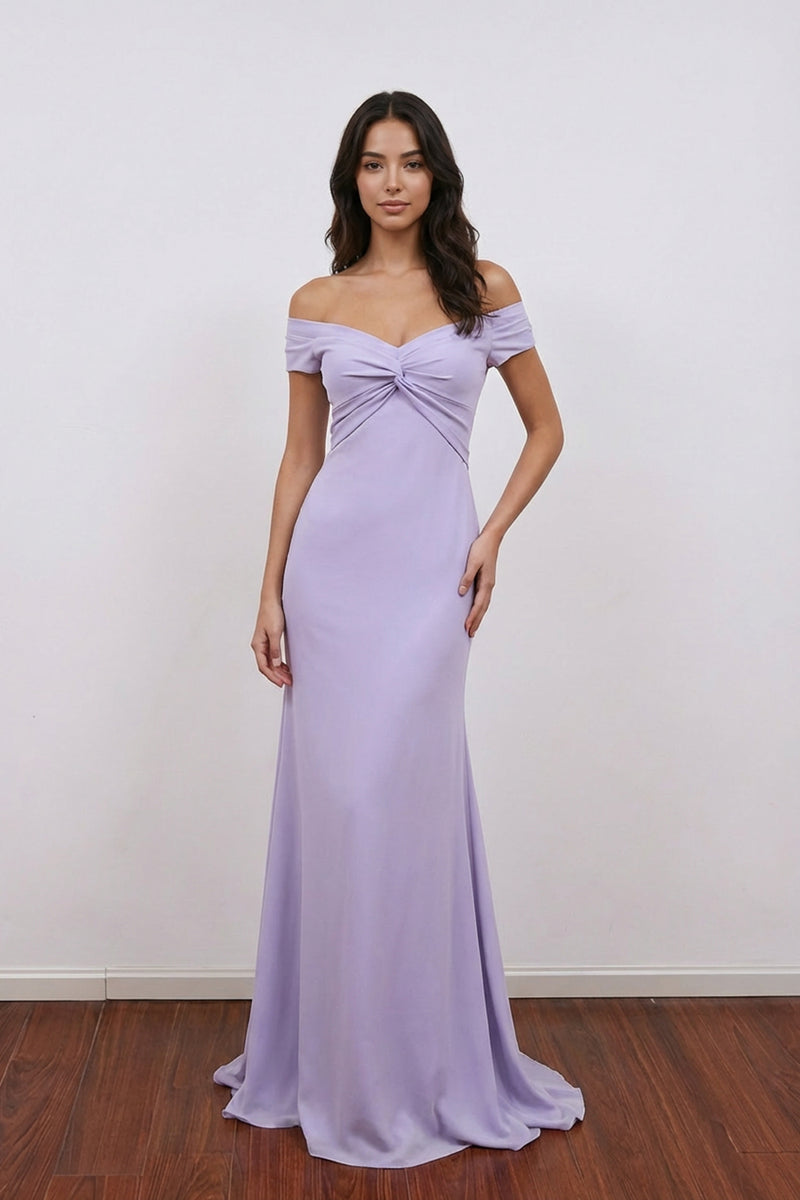 Off The Shoulder V-Neck Satin Sheath Lilac Prom Dress Party Dress-Pgmdress