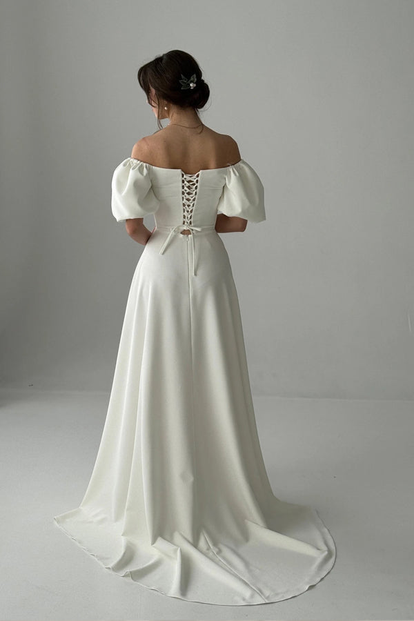 Off Shoulder A-line Modest Wedding Dress Ivory Simple Wedding Dress-Pgmdress