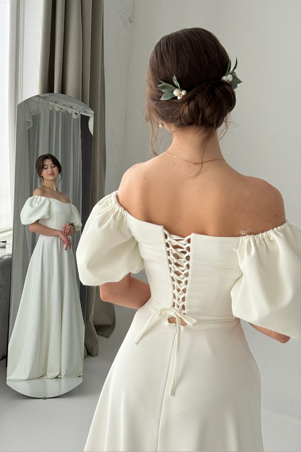 Off Shoulder A-line Modest Wedding Dress Ivory Simple Wedding Dress-Pgmdress