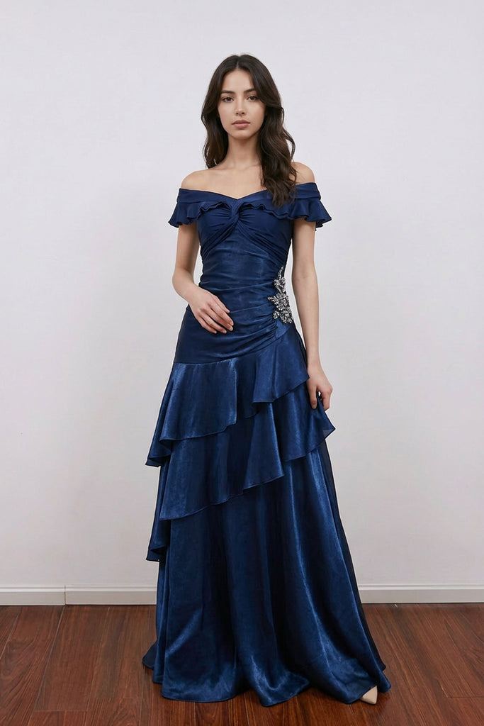 Off Shoulder Navy Blue Pleated Layered Prom Dress Party Dress
