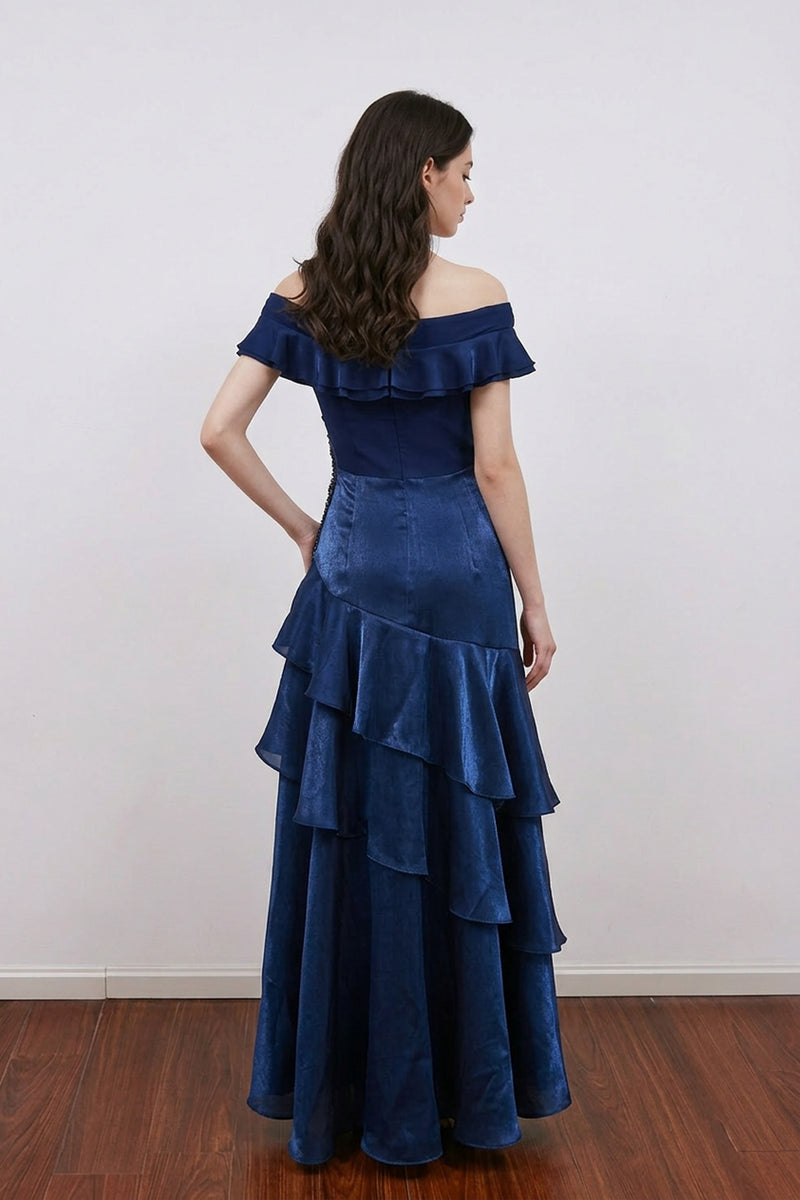 Off Shoulder Navy Blue Pleated Layered Prom Dress Party Dress