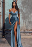 Off The Shoulder Mermaid Prom Dress High Slit Dress With Beading PSK566-Pgmdress