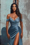 Off The Shoulder Mermaid Prom Dress High Slit Dress With Beading PSK566-Pgmdress