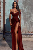 Off The Shoulder Mermaid Prom Dress High Slit Dress With Beading PSK566-Pgmdress