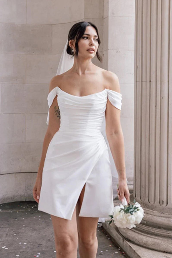 Schulterfreies Satin-Hochzeitskleid mit Wasserfallausschnitt, schlichtes kurzes Kleid WD778
