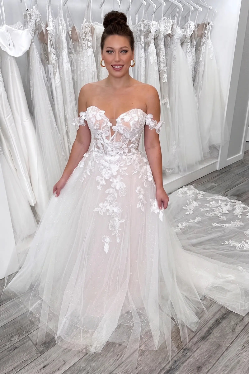 Off the Shoulder Glitter Tulle Tulle Wedding Dress with Appliques-Pgmdress