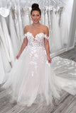 Off the Shoulder Glitter Tulle Tulle Wedding Dress with Appliques-Pgmdress