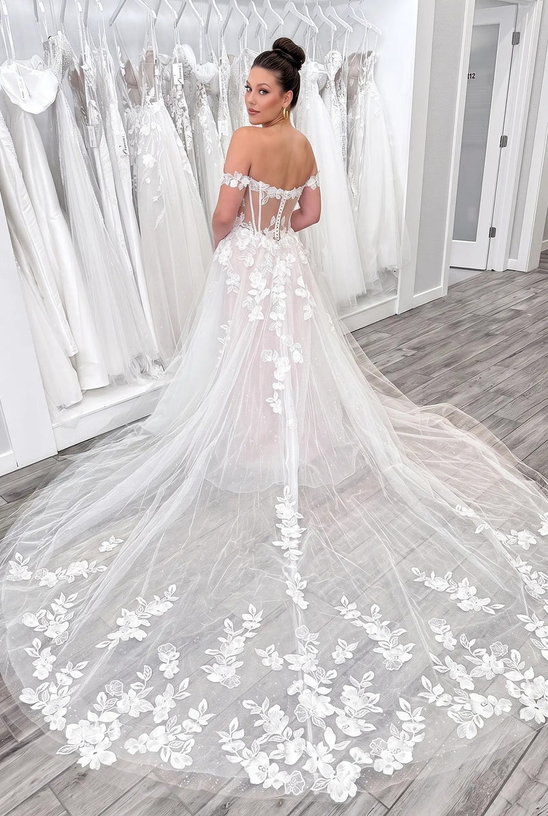 Off the Shoulder Glitter Tulle Tulle Wedding Dress with Appliques-Pgmdress