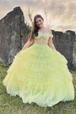 Off the Shoulder Light Yellow Ruffle Layered Prom Dress PSK480
