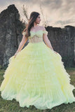 Off the Shoulder Light Yellow Ruffle Layered Prom Dress PSK480-Pgmdress