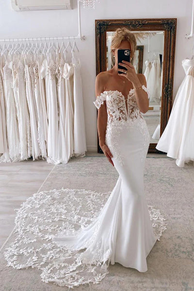 Off the Shoulder Mermaid Bridal Gown with Scalloped Lace Train Wedding  Dress – Pgmdress