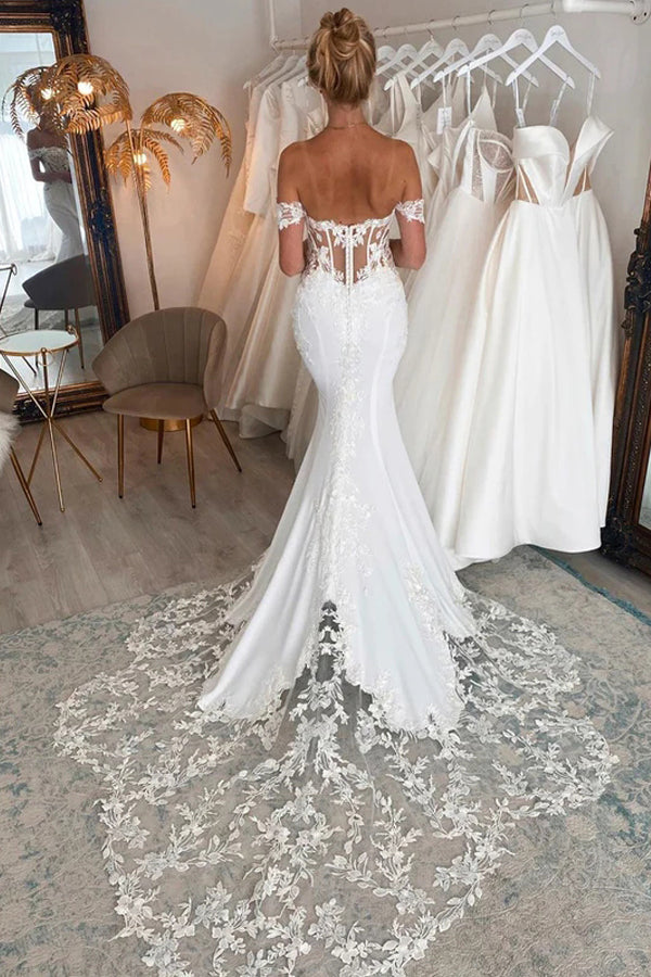 Off the Shoulder Mermaid Bridal Gown with Scalloped Lace Train Wedding  Dress – Pgmdress