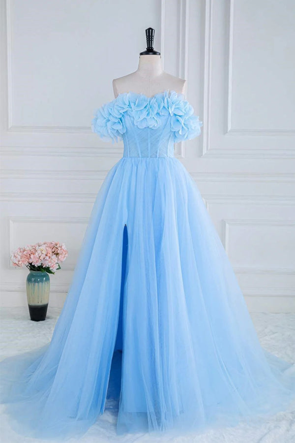Off the Shoulder Strapless Flower A-Line Tulle Blue Prom Dress PSK474-Pgmdress