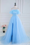 Off the Shoulder Strapless Flower A-Line Tulle Blue Prom Dress PSK474-Pgmdress