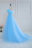 Off the Shoulder Strapless Flower A-Line Tulle Blue Prom Dress PSK474-Pgmdress