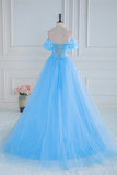 Off the Shoulder Strapless Flower A-Line Tulle Blue Prom Dress PSK474-Pgmdress