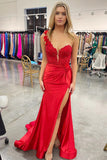 One-Shoulder 3D Floral Lace Pleated Red Prom Gown with Slit PSK496