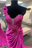 One-Shoulder 3D Floral Lace Pleated Red Prom Gown with Slit PSK496-Pgmdress
