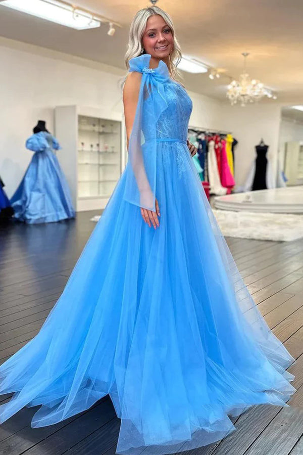 One Shoulder Blue Lace Long Prom Dresses with Slit PSK537-Pgmdress