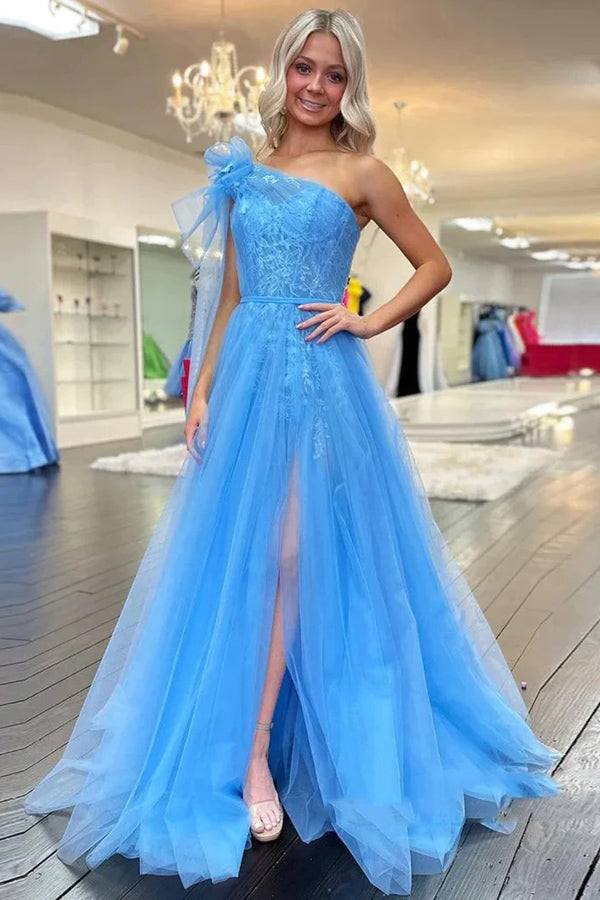 One Shoulder Blue Lace Long Prom Dresses with Slit PSK537-Pgmdress
