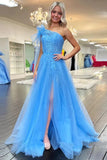 One Shoulder Blue Lace Long Prom Dresses with Slit PSK537-Pgmdress