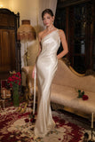 One Shoulder Ivory Silk Wedding Dress Minimalist Bridesmaid Dress-Pgmdress
