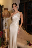 One Shoulder Ivory Silk Wedding Dress Minimalist Bridesmaid Dress-Pgmdress