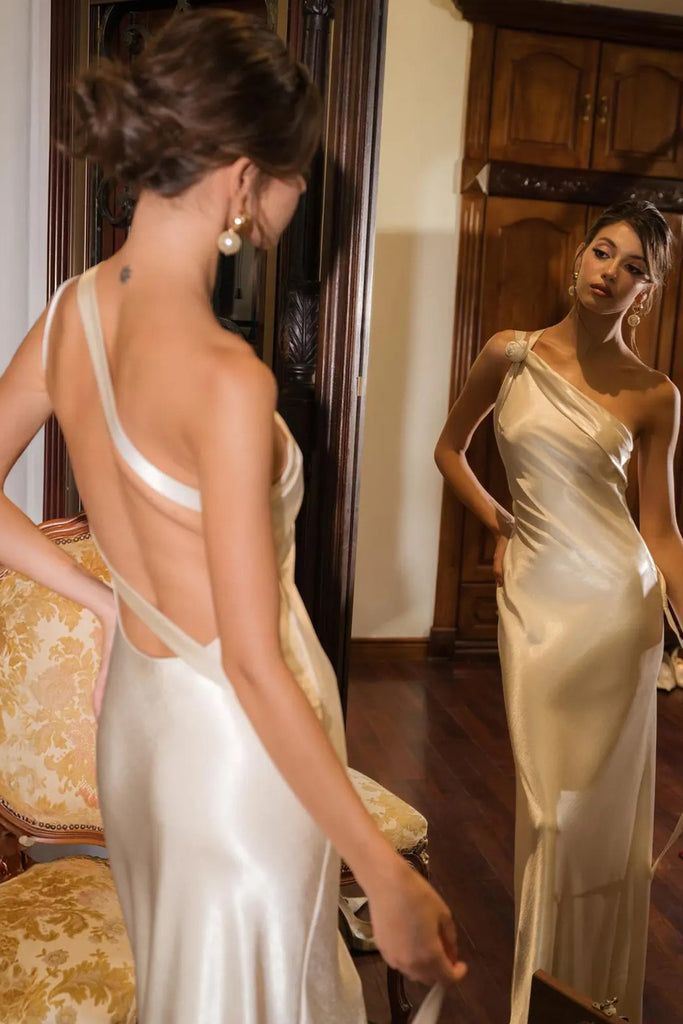 One Shoulder Ivory Silk Wedding Dress Minimalist Bridesmaid Dress US4 / White