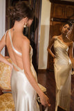 One Shoulder Ivory Silk Wedding Dress Minimalist Bridesmaid Dress-Pgmdress