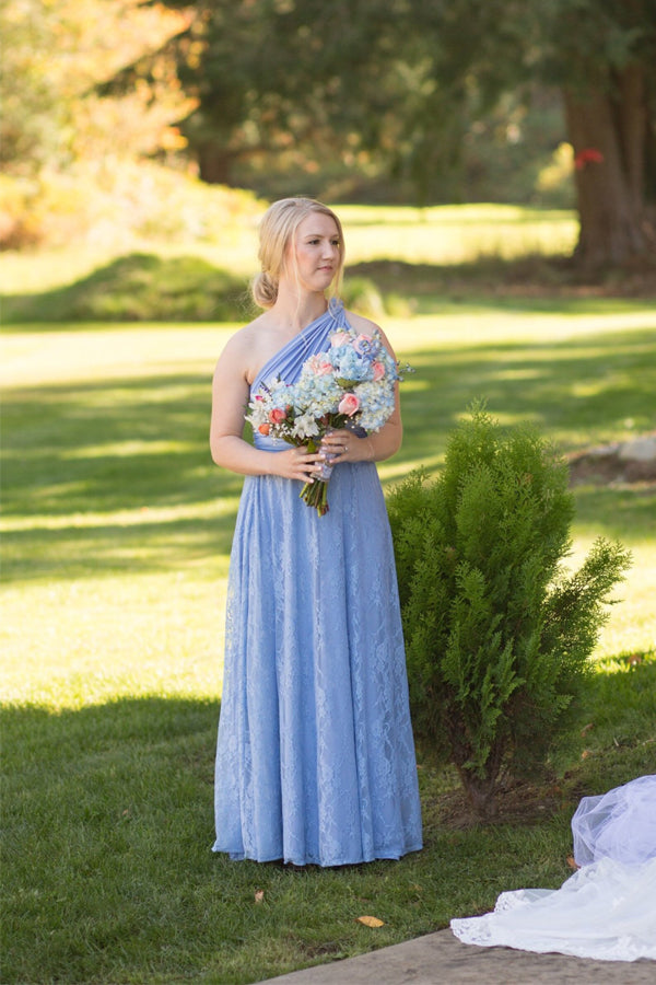 One Shoulder Lace Blue Bridesmaid Dress Party Dress-Pgmdress