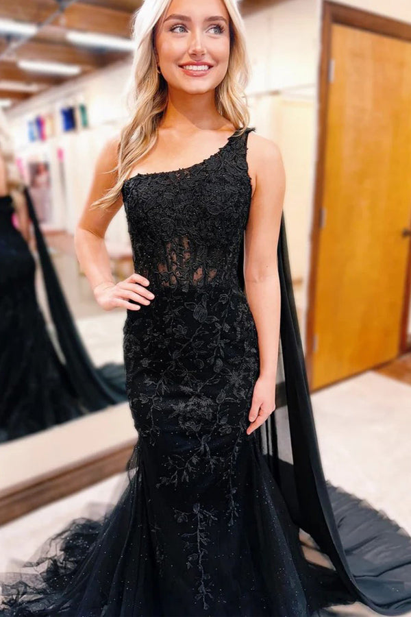 One Shoulder Mermaid Lace Black Prom Dress Formal Gown PSK567-Pgmdress