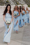 One Shoulder Sleeveless Light Blue Long Bridesmaid Dress With Slit-Pgmdress