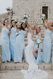 One Shoulder Sleeveless Light Blue Long Bridesmaid Dress With Slit-Pgmdress