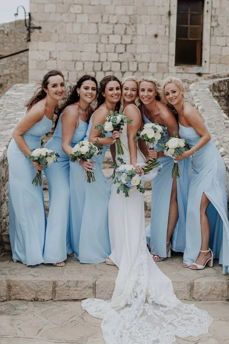 One Shoulder Sleeveless Light Blue Long Bridesmaid Dress With Slit-Pgmdress