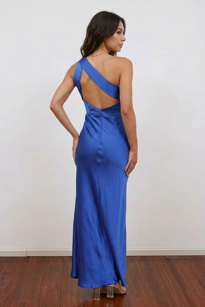 One Shoulder Sleeveless Maxi Blue Bridesmaid Dress Wedding Party – Pgmdress