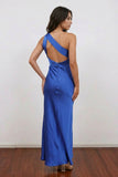 One Shoulder Sleeveless Maxi Blue Bridesmaid Dress Wedding Party-Pgmdress