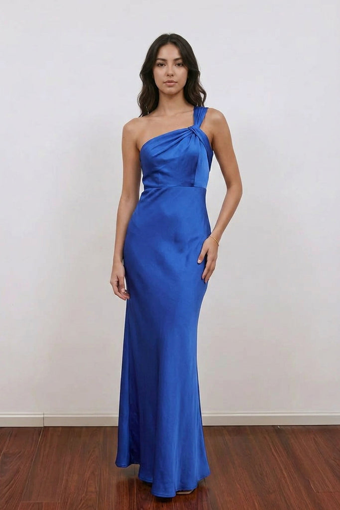 One Shoulder Sleeveless Maxi Blue Bridesmaid Dress Wedding Party US16 / Blue