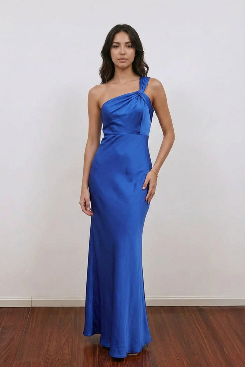 One Shoulder Sleeveless Maxi Blue Bridesmaid Dress Wedding Party-Pgmdress