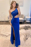 Langes Ballkleid mit One-Shoulder-Ausschnitt und Applikationen in Königsblau PSK718