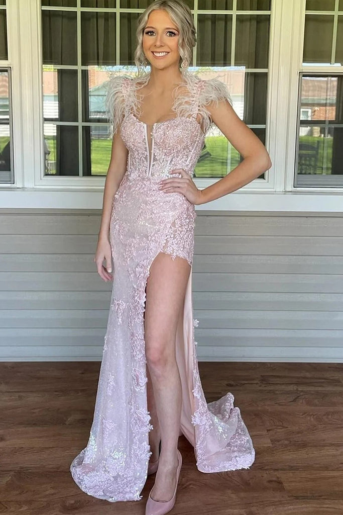 Pink Appliques Mermaid Split Prom Dress with Feathers  PSK498