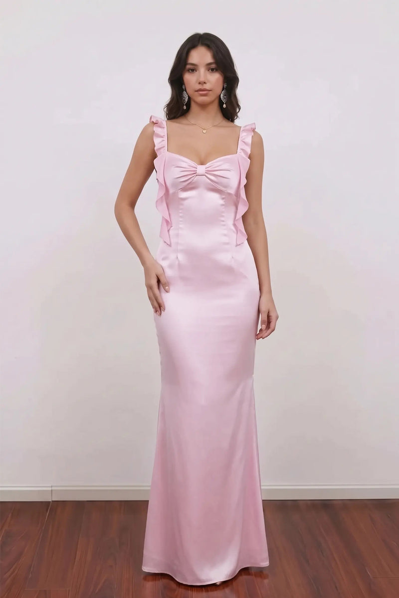 Pink Prom Dress Satin Ruffled Backless Mermaid Party Dress-Pgmdress