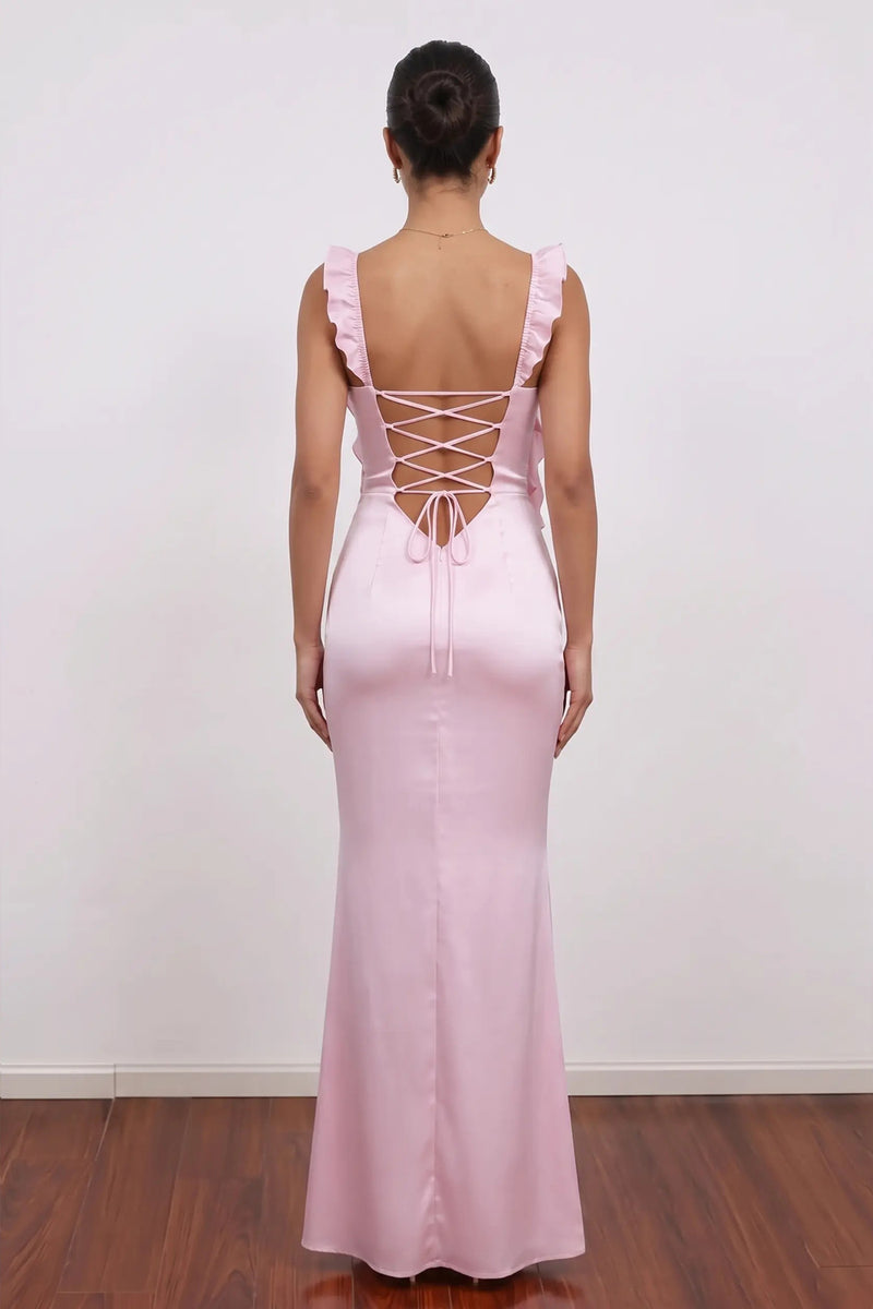 Pink Prom Dress Satin Ruffled Backless Mermaid Party Dress-Pgmdress